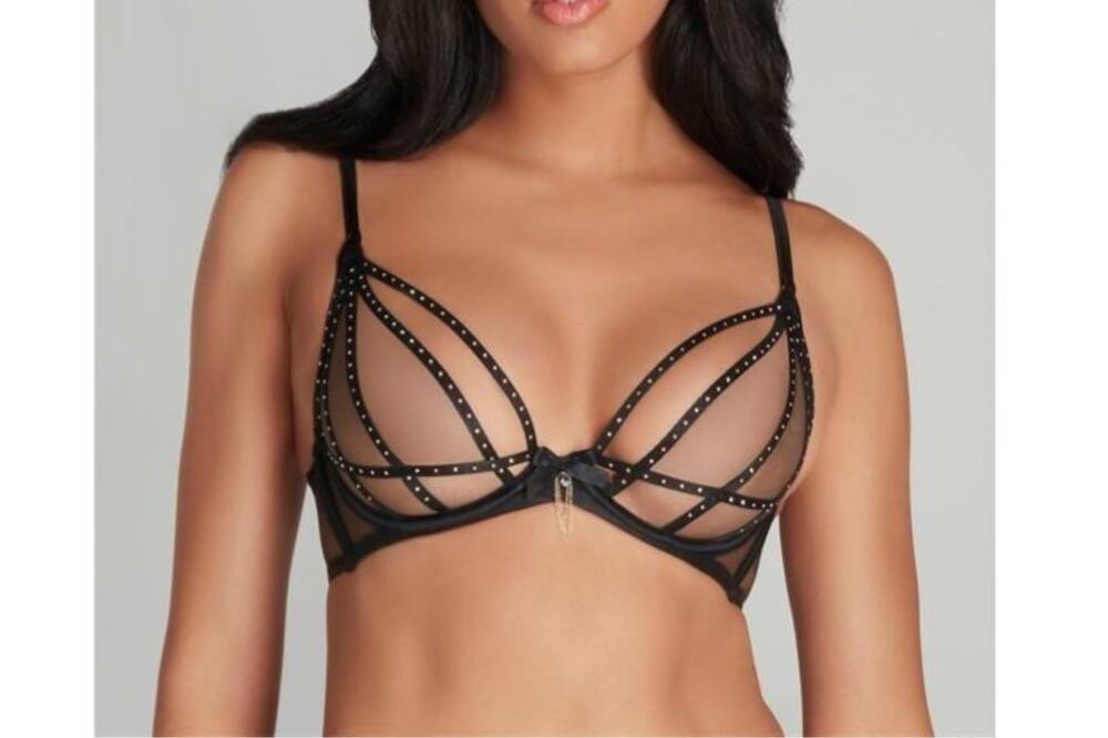 Agent Provocateur Rubi Swarovski Crystal Plunge Bra Nude Navy NWT 36D